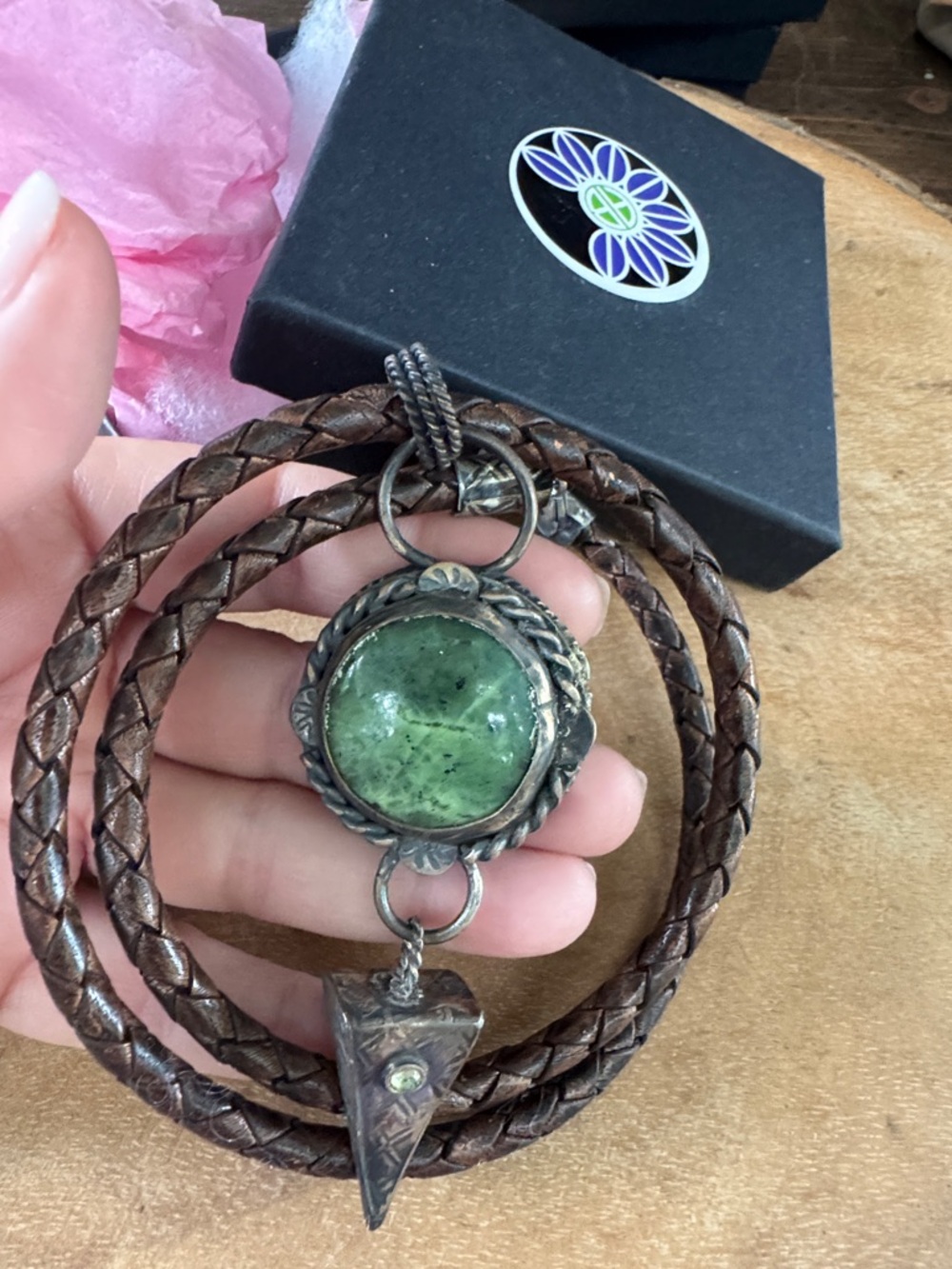 Handcrafted Sterling Green Stone Pendant w Brown Braided Leather Amanda Brittin